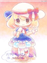 Rule 34 | 1girl, adapted costume, ayu (user pyrk5834), blonde hair, blue dress, bow, bowtie, chibi, closed mouth, dress, gloves, happy, hat, hat bow, highres, index finger raised, kana anaberal, looking at viewer, medium hair, pantyhose, puffy short sleeves, puffy sleeves, red bow, red bowtie, red footwear, short sleeves, smile, solo, sun hat, touhou, touhou (pc-98), white gloves, white hat, white pantyhose, yellow eyes