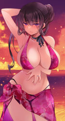 1girl arm_behind_head armpits bikini black_bikini black_hair black_ribbon breasts cleavage closed_mouth cloud collarbone dusk highres ichiyou_moka jewelry large_breasts mismatched_bikini navel neck_ribbon ocean pink_bikini pink_sarong purple_eyes ribbon ring saimin_kanojo_(ichiyou_moka) sarong sky solo sweat swimsuit takanashi_ouka_(ichiyou_moka)