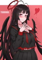 Rule 34 | 1girl, antenna hair, black nails, black sailor collar, black serafuku, black skirt, black wings, blood, blood halo, blue archive, blush, breasts, character name, cleavage, closed mouth, halo, heart, large breasts, liquid halo, long hair, looking at viewer, neckerchief, own hands together, red eyes, red neckerchief, rsk (fggg2888), sailor collar, school uniform, serafuku, skirt, solo, tsurugi (blue archive), very long hair, wings