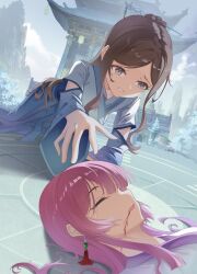 Rule 34 | 2girls, absurdres, alternate costume, alternate hairstyle, architecture, bagua, bang dream!, bang dream! it&#039;s mygo!!!!!, blood, blood on face, blue eyes, brown hair, chihaya anon, chinese clothes, chinese hairpin, clenched teeth, closed eyes, crawling, earrings, east asian architecture, hanfu, highres, injury, jewelry, liangfangliangfangliang, looking at another, lying, multiple girls, nagasaki soyo, outdoors, parted bangs, pink hair, reaching, reaching towards another, tears, teeth, trigram