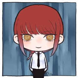 1girl black_necktie blunt_bangs botati braid braided_ponytail chainsaw_man chibi chibi_only closed_mouth eyelashes long_hair looking_at_viewer makima_(chainsaw_man) necktie no_nose red_hair ringed_eyes shirt solo white_shirt yellow_eyes