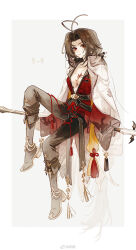 1girl absurdly_long_hair absurdres antenna_hair black_boots black_hair black_pants black_sash boots border breasts changpao chest_tattoo chinese_clothes chinese_commentary cleavage closed_mouth coat coat_on_shoulders collared_coat curtained_hair expressionless fold-over_boots full_body genderswap genderswap_(mtf) grey_background hair_ornament hair_stick highres holding holding_polearm holding_weapon knee_boots knee_up lianhua_blood_duck_(the_tale_of_food) long_hair long_sleeves looking_at_viewer low_ponytail medium_breasts official_alternate_costume open_clothes open_robe outside_border pants parted_bangs polearm ponytail procreate_(medium) red_eyes red_robe robe sash shuling sidelocks sideways_glance sitting_on_weapon solo spear stole tassel tattoo the_tale_of_food very_long_hair weapon white_border white_coat
