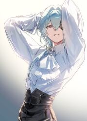 1boy absurdres alternate_costume anaxa_(honkai:_star_rail) aqua_hair black_pants blue_eyes gradient_background highres honkai:_star_rail honkai_(series) looking_at_viewer male_focus pants parted_lips pink_pupils shirt solo teeth twitter_username upper_body white_background white_shirt yulm315001
