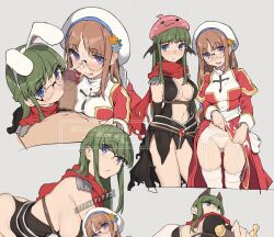1boy 2girls animal_ears armor assassin_cross_(ragnarok_online) black_leotard blue_eyes blue_flower breasts brown_hair censored clothes_lift commentary_request cooperative_fellatio cowboy_shot cum cum_on_body dress dress_lift facial fake_animal_ears fellatio ffm_threesome flower garter_belt glasses green_hair grey_background group_sex hat hat_flower hat_ornament hetero high_priest_(ragnarok_online) highres juliet_sleeves large_breasts leaf_hat_ornament leotard long_sleeves looking_at_viewer medium_breasts mosaic_censoring multiple_girls multiple_views nagioka navel open_mouth oral orange_flower panties pauldrons penis poring pov pov_crotch puffy_sleeves purple_eyes rabbit_ears ragnarok_online red_dress red_scarf revealing_clothes rimless_eyewear round_eyewear sash scarf shoulder_armor sideboob sidelocks simple_background smile tam_(ragnarok_online) teamwork_(sexual) thighhighs threesome two-tone_dress underwear watermark white_dress white_garter_belt white_hat white_panties white_sash white_thighhighs