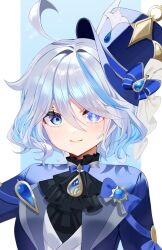 1girl absurdres ahoge ascot black_ascot blue_bow blue_eyes blue_hair blue_hat blue_jacket bow brooch emduck furina_(genshin_impact) genshin_impact hair_between_eyes hat hat_bow highres jacket jewelry looking_at_viewer short_hair smile solo top_hat upper_body