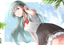 Rule 34 | 1girl, absurdres, aqua eyes, aqua hair, artist logo, blue eyes, blue sky, breasts, dated, day, hair between eyes, hair ornament, hairclip, highres, kamo mayor, kantai collection, large breasts, logo, long hair, long sleeves, looking at viewer, palm tree, pleated skirt, school uniform, shirt, skirt, sky, solo, sunlight, suzuya (kancolle), thighhighs, tree