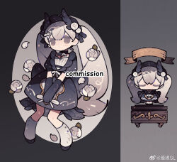 1girl black_dress blush byakuran_leo chibi chibi_only closed_eyes dress hair_brush highres long_hair looking_at_viewer original solo twintails white_hair