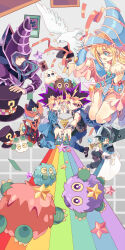 Rule 34 | 2girls, 4boys, armor, bird, black tabard, blonde hair, blue fur, blue hair, blue hat, blue jacket, blue pants, brown fur, card, coat, cyhgm, dark magician, dark magician girl, dove, fake horns, hat, helmet, highres, holding, holding sword, holding wand, holding weapon, horned helmet, horns, jacket, kuriboh, magical hats (yu-gi-oh!), marshmallon, millennium puzzle, multicolored hair, multiple boys, multiple girls, over shoulder, pants, purple fur, purple hair, rainbow, silent magician, silent magician lv4, silent swordsman, silent swordsman lv3, sword, sword over shoulder, tabard, wand, weapon, weapon over shoulder, white coat, white fur, wizard hat, yu-gi-oh!