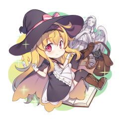 1girl bad_link bare_arms blonde_hair blush book boots brown_boots candle cape chibi closed_mouth dot_nose dress flat_chest full_body gloves hair_between_eyes hat hat_ribbon highres knee_boots light_smile little_witch_nobeta long_hair looking_at_viewer nobeta official_art phyllis_(cat)_(little_witch_nobeta) phyllis_(little_witch_nobeta) purple_hat red_eyes ribbon simple_background sleeveless sleeveless_dress solo statue striped_clothes striped_dress thighhighs vertical-striped_clothes vertical-striped_dress very_long_hair white_background white_gloves witch witch_hat zettai_ryouiki