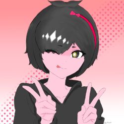 Rule 34 | 1girl, :p, artificial eye, black hair, black sweater, bow, bow-shaped hair, commentary, dot nose, english commentary, eyelashes, gradient background, hair bow, highres, jun (my dystopian robot girlfriend), koltra077, looking at viewer, my dystopian robot girlfriend, one eye closed, robot, robot girl, simple background, solo, star (symbol), star symbol background, sweater, tongue, tongue out, twitter username, v, yellow eyes