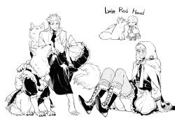 animalization archer_(fate) barefoot bloomers cape corruption cosplay cu_chulainn_(fate) cu_chulainn_(fate/stay_night) dark-skinned_male dark_skin fate/stay_night fate_(series) frilled_skirt frills greyscale guttia hood hood_up licking licking_another&#039;s_face little_red_riding_hood little_red_riding_hood_(grimm) little_red_riding_hood_(grimm)_(cosplay) long_hair maid male_focus monochrome ponytail sitting skirt underwear wolf