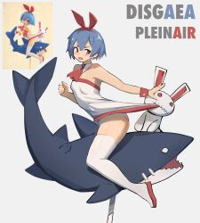 1girl absurdres animal_ear_hairband animal_ears annoyed baisebandaoti1 blue_hair breasts character_name clothes_pull copyright_name detached_collar disgaea dress dress_pull fake_animal_ears fang hair_between_eyes hairband highres long_hair necktie open_mouth panties pleinair pointy_ears rabbit_ear_hairband rabbit_ears red_eyes red_footwear red_hairband red_necktie red_wrist_cuffs simple_background skin_fang small_breasts solo straight_hair stuffed_animal stuffed_rabbit stuffed_toy thighhighs underwear usagi-san very_long_hair white_background white_dress white_panties white_thighhighs wrist_cuffs