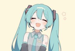 1girl :d aqua_hair aqua_necktie arm_tattoo black_sleeves blush breasts closed_eyes collared_shirt detached_sleeves grey_shirt hatsune_miku headset highres long_hair medium_breasts meroharome necktie open_mouth portrait shirt sidelocks sleeveless sleeveless_shirt smile solo tattoo twintails vocaloid
