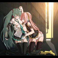 2girls ahegao alley aqua_hair arm_tattoo blue_eyes blush boots breast_sucking breasts breasts_out chiri_(atlanta) clenched_teeth clothes_lift cum cum_in_pussy fingering fingering_through_clothes fingering_through_panties green_eyes hand_in_panties hatsune_miku headphones headset highres holding_hands interlocked_fingers jacket kneeling leg_up letterboxed licking licking_nipple medium_breasts megurine_luka multiple_girls necktie nipple_stimulation no_bra open_clothes open_jacket outdoors panties partially_undressed pink_hair pussy pussy_juice shirt shirt_down skirt skirt_lift small_breasts smile tattoo tears teeth thigh_boots thighhighs through_clothes twintails underwear vocaloid wet wet_clothes wet_panties yuri