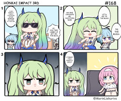 1boy 3girls 4koma absurdres blue_eyes blue_hair closed_eyes comic commentary elysia_(honkai_impact) elysia_(miss_pink_elf)_(honkai_impact) english_commentary english_text gradient_hair green_hair griseo griseo_(starry_impression) hands_on_own_hips highres honkai_(series) honkai_impact_3rd kalpas_(honkai_impact) long_hair marin_liekuriva mask midriff mobius_(daughter_of_corals)_(honkai_impact) mobius_(honkai_impact) multicolored_hair multiple_girls open_mouth pink_hair pointing purple_eyes sitting smile sunglasses white_hair