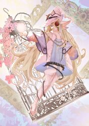 Rule 34 | 1girl, apple, birdcage, blonde hair, blue eyes, boots, cage, detached sleeves, diabellze the original sinkeeper, dress, duel monster, elzette azamina of the white forest, elzette of the white forest, flower, food, fruit, hair over one eye, half mask, hat, highres, long hair, long sleeves, mask, official alternate costume, official alternate hairstyle, open mouth, picture frame, pink flower, plant, solo, thigh boots, very long hair, vines, white dress, witch, witch hat, yu-gi-oh!, yumumu
