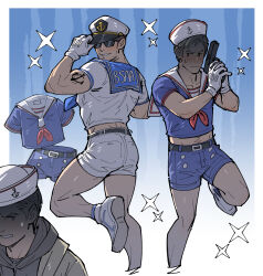 Rule 34 | 2boys, arm tattoo, bara, belt, black belt, black hair, blue shorts, blush, chris redfield, closed mouth, ethan winters, gloves, gun, hat, highres, holding, holding gun, holding weapon, kalamari, large pectorals, looking at another, male focus, multiple boys, muscular, muscular male, pectorals, resident evil, resident evil: revelations, resident evil village, sailor collar, sailor hat, sailor shirt, shirt, short hair, shorts, sunglasses, tattoo, weapon, white gloves, white shorts