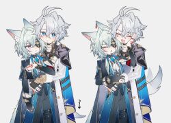 2boys anaxa_(honkai:_star_rail) animal_ears black_jacket black_pants blue_eyes blush cat_boy cat_ears cat_tail closed_mouth coat coojisan cowboy_shot dog_boy dog_ears dog_tail eyepatch highres honkai:_star_rail honkai_(series) hug jacket looking_at_viewer male_focus multiple_boys multiple_views one_eye_covered open_mouth pants phainon_(honkai:_star_rail) simple_background smile sweatdrop tail tail_wagging white_background white_coat yellow_pupils