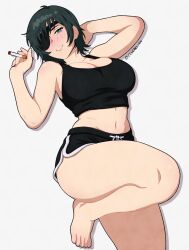 1girl absurdres artist_name barefoot black_shorts black_tank_top blush breasts celebelian chainsaw_man cigarette dolphin_shorts eyepatch green_eyes green_hair highres himeno_(chainsaw_man) holding holding_cigarette large_breasts looking_at_viewer midriff navel parted_lips short_hair short_shorts shorts sleeveless solo tank_top thick_thighs thighs