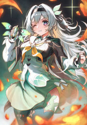 1girl black_hairband black_jacket breasts bridal_gauntlets dress fire firefly_(honkai:_star_rail) green_dress green_thighhighs grey_hair hair_between_eyes hair_intakes hair_ornament hairband highres holding honkai:_star_rail honkai_(series) jacket large_breasts light_blush long_hair long_sleeves nagyiiie neckerchief one_eye_closed orange_neckerchief parted_lips pink_eyes simple_background smile solo thighhighs