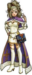 1girl ankle_boots artist_request asymmetrical_bangs blonde_hair book boots breasts bridal_gauntlets capelet circlet cleavage dragon_quest dragon_quest_x dress earrings full_body fur-trimmed_capelet fur_trim garter_straps gold_circlet gold_trim green_eyes hand_on_own_hip high_ponytail highres jewelry large_breasts looking_to_the_side official_art ponytail purple_capelet red_nails rinka_(dq10) scan scan_artifacts smile solo strapless strapless_dress thighhighs third-party_source transparent_background white_boots white_bridal_gauntlets white_dress white_thighhighs