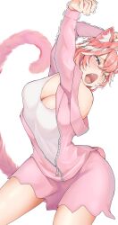 1girl absurdres animal_ear_fluff animal_ears breasts cat_ears cat_girl cat_tail cleavage fang hair_wings highres hololive long_sleeves na_nu_017 pink_hair solo stretching tail takane_lui trembling virtual_youtuber yawning zipper zipper_pull_tab