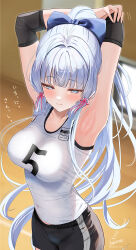 1girl alternate_costume armpits arms_behind_head arms_up ayaka_(genshin_impact) black_shorts blue_bow blue_eyes blue_hair blush bow breasts closed_mouth collarbone commentary_request covered_navel elbow_pads from_above genshin_impact hair_bow hair_ribbon highres kabu_usagi large_breasts light_blue_hair long_hair looking_ahead paid_reward_available pink_ribbon ponytail ribbon shirt short_shorts shorts signature sleeveless sleeveless_shirt smile solo sportswear very_long_hair volleyball_uniform white_shirt