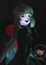1girl ^_^ absurdres black_hair black_shirt blunt_bangs body_horror breasts chinese_commentary closed_eyes colored_extremities colored_skin commentary_request facial_mark green_eyes green_hair hand_on_own_face heterochromia highres kuri_(wuliqunao625) long_hair long_sleeves medium_breasts medium_hair multicolored_hair multiple_views naihe_(female)_(touqi_guaitan) open_mouth shirt smile touqi_guaitan upper_body white_skin worm