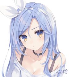 1girl bae_minah_(chaesu) blue_hair blush bow breasts choker cleavage collarbone commentary cross english_commentary frown gradient_eyes highres looking_at_viewer multicolored_eyes original parted_bangs shirt signature solo spleeny white_background white_bow white_shirt
