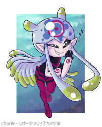 black_eyes charlie_cat_doodles digimon digimon_(creature) highres jellyfish_girl jellymon looking_at_viewer monster_girl no_pupils pointy_ears smile teeth tentacle_hair tentacles