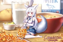 1girl animal_ear_fluff animal_ears artist_name bad_id bad_twitter_id blue_choker blue_skirt blush bowl braid bread breasts choker commentary_request commission crown_braid crumbs cucumber cucumber_slice cup detached_sleeves female_focus food fork fox_ears fox_girl fox_tail frilled_skirt frilled_sleeves frills highres honyang indoors korean_commentary large_breasts loaf_of_bread long_hair milk_carton mini_person minigirl on_table original pasta plate red_eyes silver_hair sitting skirt smile solo soup spaghetti table tail thighhighs tongue tongue_out twitter_username very_long_hair wariza white_thighhighs wide_sleeves