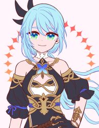 1girl absurdres blue_hair collarbone etain_(mabinogi) gloves green_eyes half_gloves hand_on_own_hip highres jyamja looking_at_viewer mabinogi no_humans smile