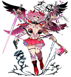 1girl axe black_bra black_panties black_sclera blue_tongue boots bra breasts breasts_apart bridgeless_bra colored_sclera colored_tongue demon_girl detached_collar extra_arms full-body_tattoo full_body gun hair_between_eyes hair_ribbon halo handgun highleg highleg_panties holding holding_axe holding_gun holding_sword holding_weapon kafun large_breasts looking_at_viewer navel open_mouth original panties panty_straps pink_hair pink_skirt pointy_ears purple_halo red_boots red_eyes red_ribbon red_trim ribbon shoes simple_background skindentation skirt smile solo standing standing_on_one_leg sword tattoo teeth thigh_strap underwear upper_teeth_only weapon white_background wings