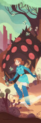 1girl animal animal_on_shoulder ann_marcellino belt blue_dress blue_gloves brown_hair bug commentary dress english_commentary gloves gun highres holding holding_gun holding_weapon kaze_no_tani_no_nausicaa looking_at_viewer mushroom nausicaa ohmu short_hair solo teto_(nausicaa) tree weapon