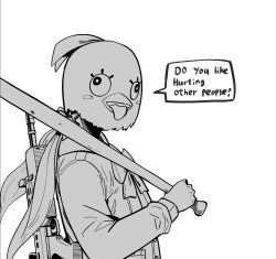 1girl assault_rifle baseball_bat blue_archive chicken_mask english_text from_side gun gun_on_back hifumi_(blue_archive) holding holding_baseball_bat hotline_miami lineart mask parabellum rifle school_uniform serafuku simple_background speech_bubble upper_body weapon weapon_on_back white_background