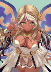 1girl absurdres andromeda_(fate) andromeda_(first_ascension)_(fate) armlet bare_shoulders belly_chain blonde_hair blush braid breasts chain cleavage collar crown_braid cuffs dark-skinned_female dark_skin detached_sleeves dress fate/grand_order fate_(series) gold_teeth green_eyes hair_ornament highres jaws jewelry large_breasts long_hair looking_at_viewer low_twintails metal_collar multicolored_hair shackles short_dress sidelocks smile solo thighs twintails two-tone_hair white_dress white_hair youshuu