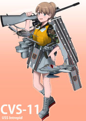 Rule 34 | 1girl, a-1 skyraider, a-4 skyhawk, aircraft, aircraft request, airplane, backpack, bag, blue eyes, bolt action, brown hair, camouflage, character name, commentary request, cowboy shot, flight deck, full body, gradient background, grey skirt, gun, hand on own hip, highres, intrepid (kancolle), kantai collection, life vest, looking at viewer, m1903 springfield, machinery, miniskirt, ocean, orange background, original remodel (kantai collection), ponytail, rifle, rigging, short hair, skirt, solo, standing, timmyyen, water, weapon