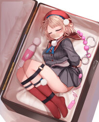 1girl arms_behind_back beret black_shirt black_skirt blush bound bound_ankles bound_legs bound_wrists box braid briefcase brown_hair closed_eyes commentary_request crown_braid cuffs egg_vibrator festa11307070 from_side gag hair_ornament hair_rings handcuffs hat hitachi_magic_wand improvised_gag in_box in_container indie_virtual_youtuber kneehighs o-ring paid_reward_available pom_pom_(clothes) pom_pom_hair_ornament red_hat red_sailor_collar red_socks restrained sailor_collar sex_toy shigure_ui_(vtuber) shigure_ui_(vtuber)_(1st_costume) shirt short_hair signature skirt socks soles solo striped_clothes striped_shirt striped_skirt tape tape_gag thighs variant_set vertical-striped_clothes vertical-striped_shirt vertical-striped_skirt vibrator virtual_youtuber white_shirt