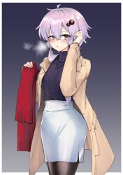 1girl blush border breath coat commentary_request cowboy_shot gradient_background hair_ornament hand_up highres holding holding_unworn_clothes holding_unworn_scarf jewelry long_sleeves necklace open_clothes open_coat pantyhose parted_lips pencil_skirt purple_eyes purple_hair scarf shirt_tucked_in short_hair_with_long_locks side_slit skirt solo sweater tucking_hair unworn_scarf vocaloid voiceroid white_border yuzuki_yukari zooanime