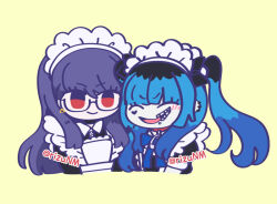 Rule 34 | 2girls, alternate costume, amemiya darumi, apron, black dress, blue hair, chibi, closed eyes, cropped arms, dress, earrings, enmaided, facial tattoo, frilled apron, frills, jewelry, long hair, maid, maid headdress, multiple girls, official alternate costume, purple hair, red eyes, rizu (rizunm), shizuhara hiruko, simple background, tattoo, the hundred line -last defense academy-, twintails, twitter username, white apron, yellow background