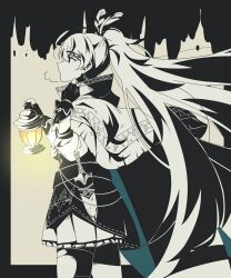 1girl absurdres adjusting_clothes ahoge cape cloak corset dagger feather_hair_ornament feathers from_side gloves greyscale hair_ornament hieroglyphics highres holding holding_lantern hololive hololive_english hood hooded_cloak kanonondayo knife lantern long_hair monochrome mumei_(song)_(hololive) nanashi_mumei nanashi_mumei_(1st_costume) partially_fingerless_gloves pleated_skirt ponytail single_thighhigh skirt thighhighs very_long_hair virtual_youtuber weapon