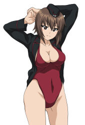 Rule 34 | 1girl, 9s0ykoyama117, absurdres, blush, breasts, brown eyes, brown hair, cleavage, closed mouth, collarbone, covered navel, girls und panzer, hat, highres, kuromorimine military uniform, large breasts, looking at viewer, military uniform, nishizumi maho, one-piece swimsuit, red one-piece swimsuit, short hair, simple background, smile, solo, swimsuit, white background