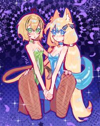 Rule 34 | 2girls, alternate costume, animal ear fluff, animal ears, black pantyhose, blonde hair, blue collar, blue eyes, blue leotard, breasts, cleavage, collar, collarbone, dooby (vtuber), fins, fish girl, fish tail, fishnet pantyhose, fishnets, green collar, green eyes, green leotard, hand on another&#039;s hip, holding hands, indie virtual youtuber, leotard, long hair, looking at viewer, mouse girl, mouse tail, multiple girls, nontraditional playboy bunny, open mouth, pantyhose, sameko saba, short hair, small breasts, sparkle, star (symbol), strapless, strapless leotard, tail, tuiffff, twintails, virtual youtuber