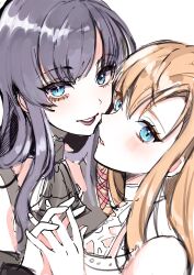 2girls absurdres ascot black_ascot black_hair blonde_hair blue_eyes dianyanyaa final_fantasy final_fantasy_xiv gaia_(ff14) hair_ribbon highres hyur long_hair looking_at_viewer multiple_girls parted_lips portrait ribbon ryne_waters simple_background sketch smile white_background yuri