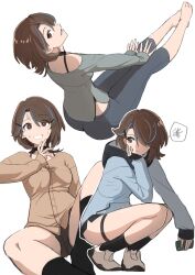 1girl absurdres blue_hair brown_eyes brown_hair choker fabbusketch full_body highres medium_hair multicolored_hair off-shoulder_shirt off_shoulder original pants shirt short_shorts shorts simple_background spoken_squiggle squiggle streaked_hair sweat