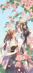 Rule 34 | 1boy, 1girl, :d, absurdres, ahoge, alternate hair length, alternate hairstyle, black dress, black hair, blurry, branch, breasts, brown hair, butterfly hair ornament, cherry blossoms, chinese clothes, chinese commentary, cleavage, closed eyes, closed mouth, coat, coat on shoulders, couple, dappled sunlight, day, depth of field, dress, earrings, empire waist, expressionless, face-to-face, facing another, falling petals, feet out of frame, female master (the tale of food), flower, hair between eyes, hair ornament, hair stick, hand on another&#039;s arm, hetero, highres, jewelry, kocona, leaf, lianhua blood duck (the tale of food), long hair, long sleeves, looking at another, low ponytail, medium breasts, official alternate costume, open mouth, outdoors, parted bangs, petals, pink flower, pink petals, pinstripe dress, pinstripe pattern, ponytail, profile, red eyes, red robe, robe, shrug (clothing), smile, standing, strapless, strapless dress, sunlight, tassel, tassel earrings, the tale of food, two side up, white coat, white sleeves, wide sleeves