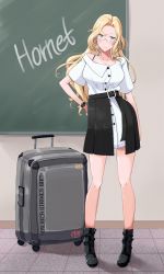 1girl alternate_costume bespectacled black_boots black_skirt blonde_hair boots breasts chalkboard glasses grey_eyes high-waist_skirt highres hornet_(kancolle) kantai_collection komb large_breasts long_hair luggage pleated_skirt rolling_suitcase semi-rimless_eyewear shirt short_sleeves skirt solo standing suitcase white_shirt
