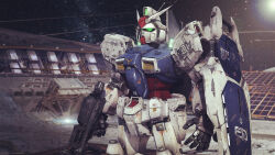 3d damaged dirty earth_federation_space_forces glowing glowing_eyes green_eyes gun gundam gundam_0083 gundam_gp-01_zephyranthes highres light logo machine_gun machinery mecha mobile_suit muzzle nebula no_humans realistic robot science_fiction shield solar_panel star_(symbol) star_symbol_background upper_body weapon yytssln_at