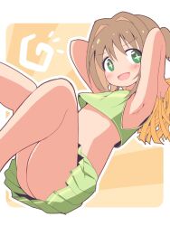 +_+ 1girl :d alternate_costume armpits arms_behind_head bare_arms bare_legs brown_hair cheerleader colored_inner_hair commentary crop_top flat_chest green_eyes green_skirt hair_intakes highres holding holding_pom_poms looking_at_viewer midriff miniskirt multicolored_hair oka_asahi onii-chan_wa_oshimai! open_mouth orange_background orange_hair outline pleated_skirt pom_pom_(cheerleading) pom_poms short_hair simple_background skirt sleeveless smile solo thighs two-tone_hair two_side_up unkimo white_outline
