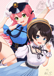 2girls absurdres alternate_costume black_necktie black_skirt blue_eyes blue_shirt blue_skirt brown_hair collared_shirt cosplay costume_switch gloves green_eyes hat highres hololive long_hair looking_at_viewer multiple_girls necktie nushiya_(ayihsem) official_alternate_costume oozora_subaru oozora_subaru_(police) open_mouth pink_hair police_hat sakura_miko sakura_miko_(street) shirt short_hair skirt smile virtual_youtuber white_gloves white_hat white_shirt